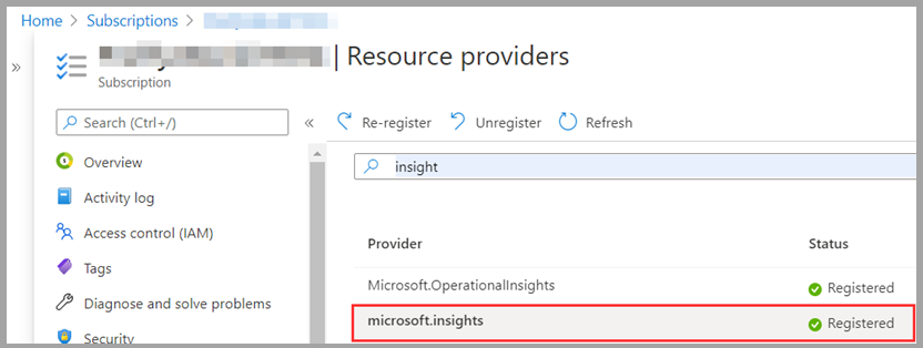 Captura de ecrã dos provedores de recursos no painel principal, com Microsoft.insights registado.