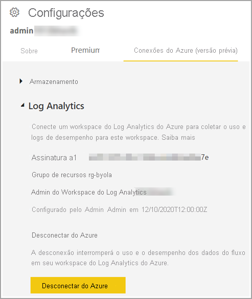 Captura de ecrã do separador Ligações do Azure aberto no painel de definições.