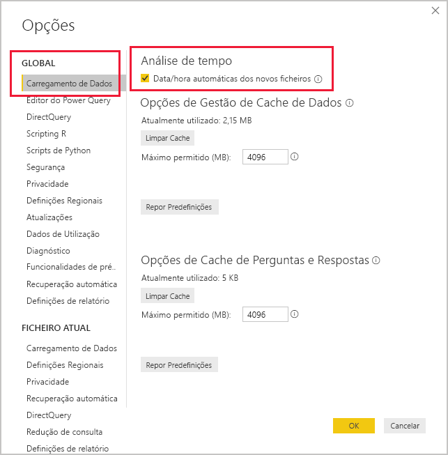 Captura de ecrã da caixa Opções do Power BI Desktop.