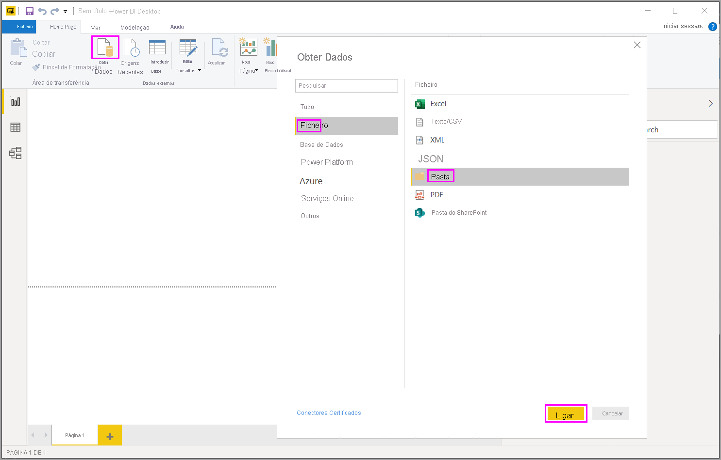 Screenshot of the Get Data dialog box highlighting the choice to connect to a folder.