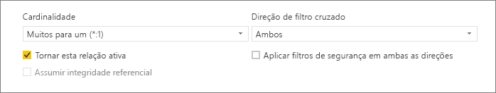 Captura de tela da parte inferior da caixa de diálogo Criar relacionamento mostrando as opções de direção de filtro Cardinalidade e Cruz.