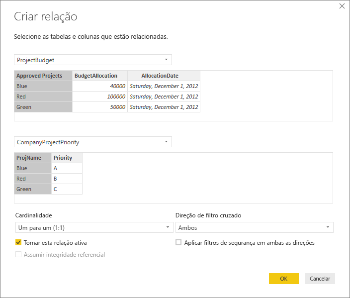 Captura de ecrã da caixa de diálogo Criar relação com Cardinalidade para Um para um (1:1) e Direção do filtro cruzado para Ambos.