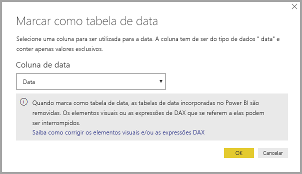 Captura de ecrã do Power BI Desktop a mostrar a caixa de diálogo Marcar como tabela de data com uma nota importante.