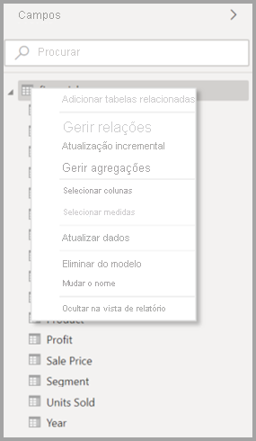 Captura de ecrã do menu de contexto original de uma tabela no Power BI Desktop.