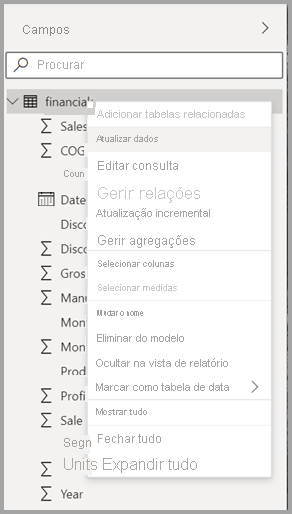 Captura de ecrã do novo menu de contexto de uma tabela no Power BI Desktop.