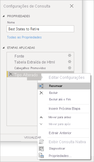 Captura de ecrã do Power BI Desktop a mostrar os filtros Propriedades das Definições de Consulta e Passos Aplicados.