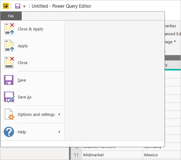  Captura de ecrã do Power BI Desktop a mostrar o separador Ficheiro do Editor do Power Query. As opções Salvar e salvar como realçadas.