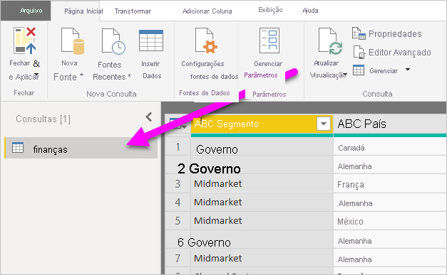 Captura de ecrã do Power BI Desktop a mostrar Consultas no painel esquerdo.