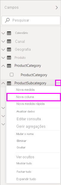 Captura de ecrã de Nova Coluna no menu pendente.