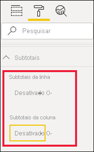 Captura de ecrã do painel Visualizações do Power BI, que mostra os campos de subtotais de Coluna e de Linha.