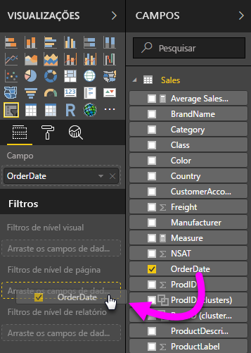 Captura de ecrã a mostrar o campo Data realçado no painel Campos e o campo Data realçado na opção 