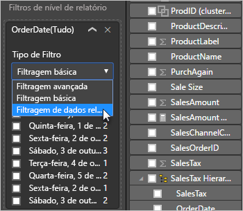 Captura de ecrã a mostrar a opção Data relativa realçada no menu pendente Tipo de filtro.