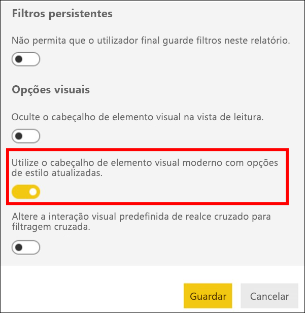 Captura de ecrã a mostrar a opção Ativar cabeçalho visual moderno selecionada.