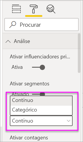 Captura de tela do menu suspenso para mudar de categórico para contínuo.