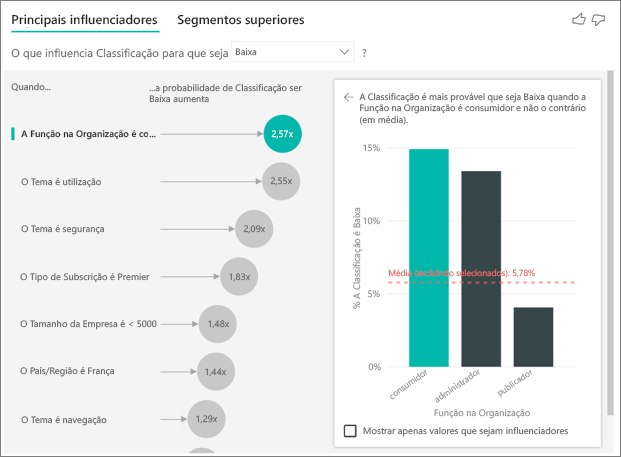 Captura de tela dos principais influenciadores, com Papel na organização é selecionado pelo consumidor.