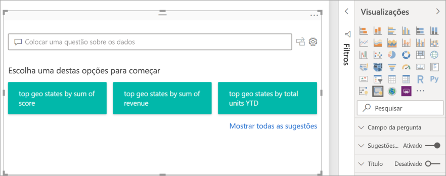 Captura de ecrã do visual de Perguntas e Respostas redimensionado na tela de relatório no Power BI.