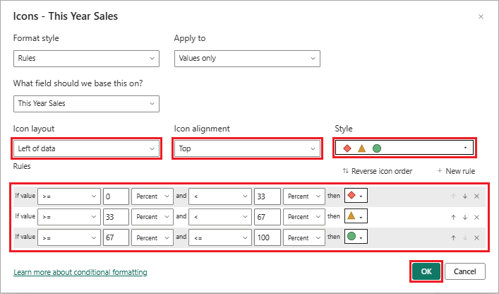 Captura de tela que mostra como configurar ícones para representar dados para uma coluna de tabela selecionada.