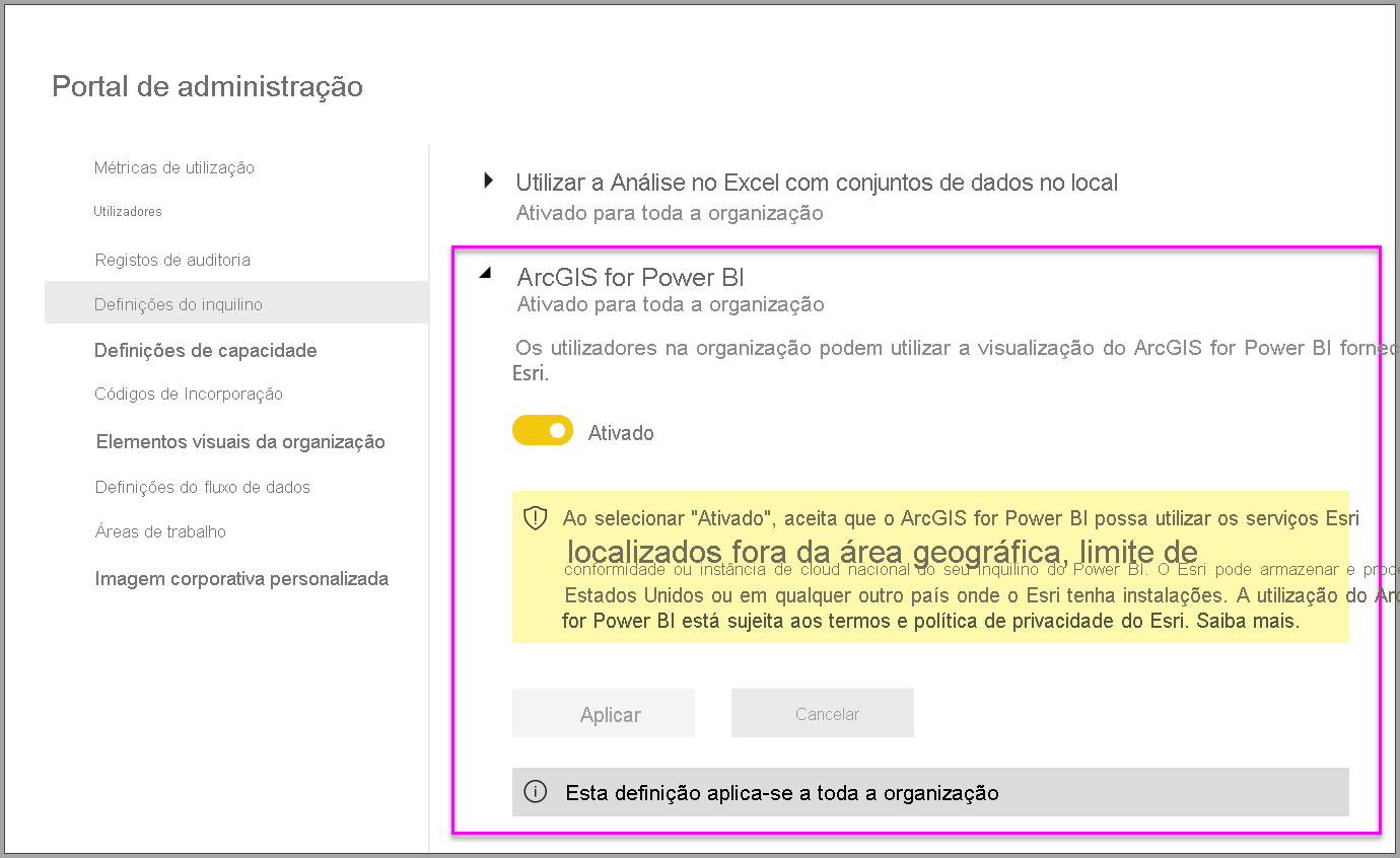 A captura de tela mostra as opções do administrador no Portal de administração.