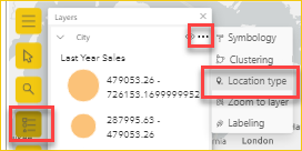 A captura de tela mostra as opções de camadas Tipo de local selecionado.