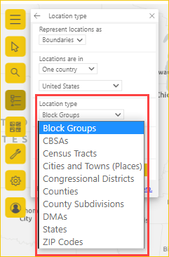 A captura de tela mostra os tipos de local disponíveis por região.