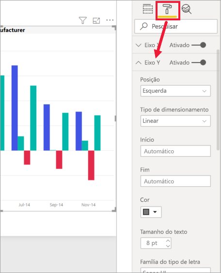 Screenshot showing Format pane with arrow to Y axis card.