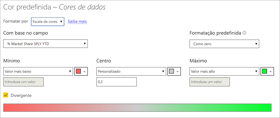 Captura de tela da caixa de diálogo Cor padrão com a opção Escala de cores selecionada.