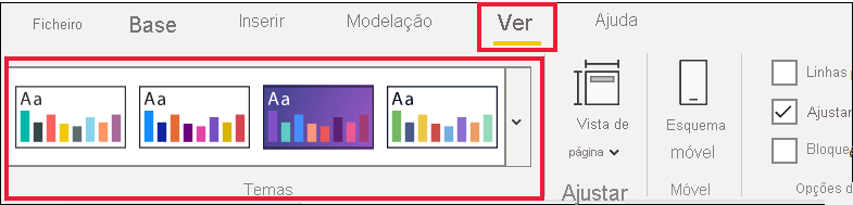 Captura de ecrã das opções de tema no menu Ver.