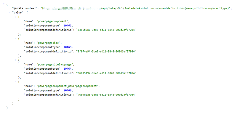 Captura de ecrã que mostra uma lista de tipos de componente.