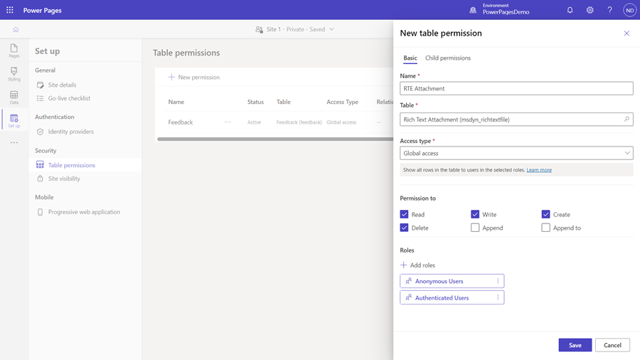 Configuração das permissões de tabela de rich text.