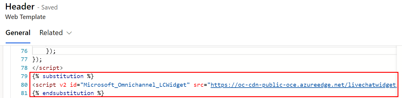 Uma captura de ecrã do conteúdo da etiqueta líquida de substituição apresentada no modelo web Cabeçalho na aplicação Gestão de Portais.