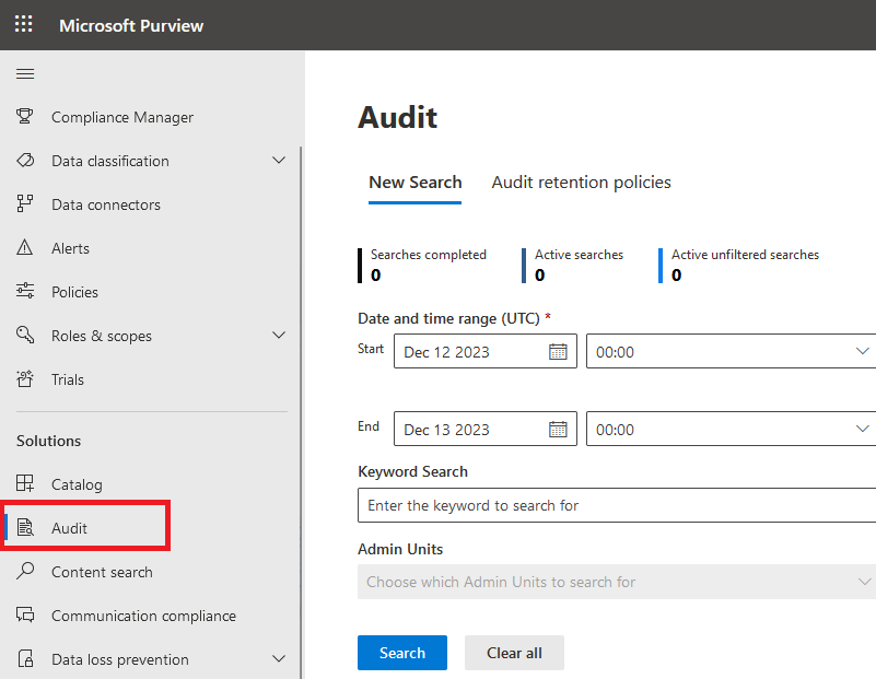 Uma captura de ecrã das opções Nova Pesquisa para Auditar.