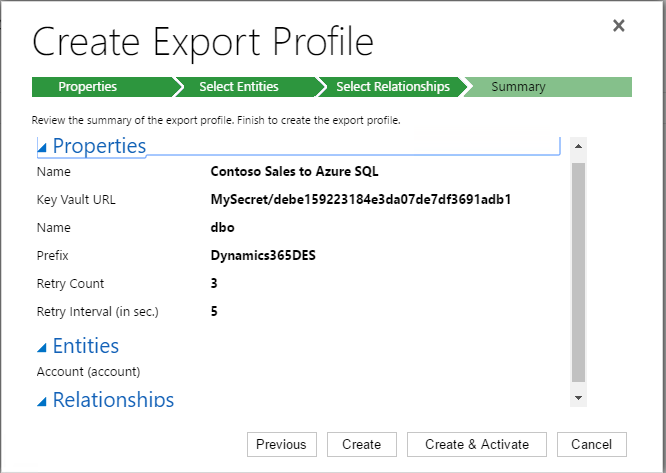 Separador Resumo na caixa de diálogo Criar Perfil de Exportação.