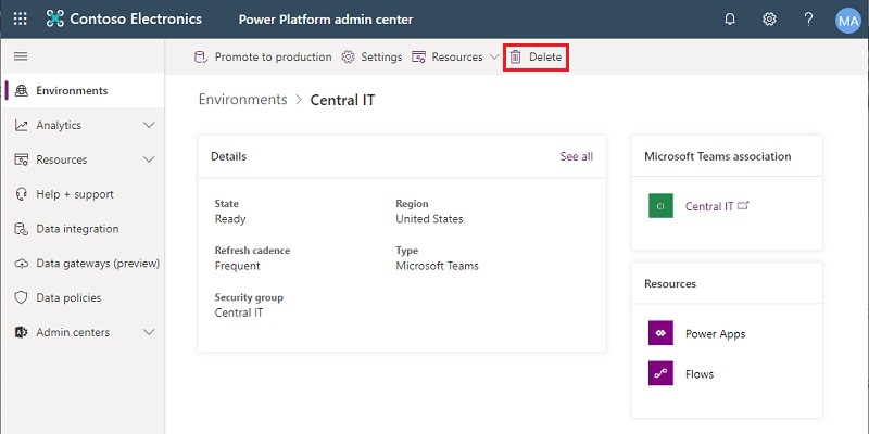 Eliminar um ambiente do Dataverse for Teams.