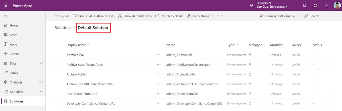 Abra a Solução Predefinida e filtre para mostrar apenas Variáveis de Ambiente.