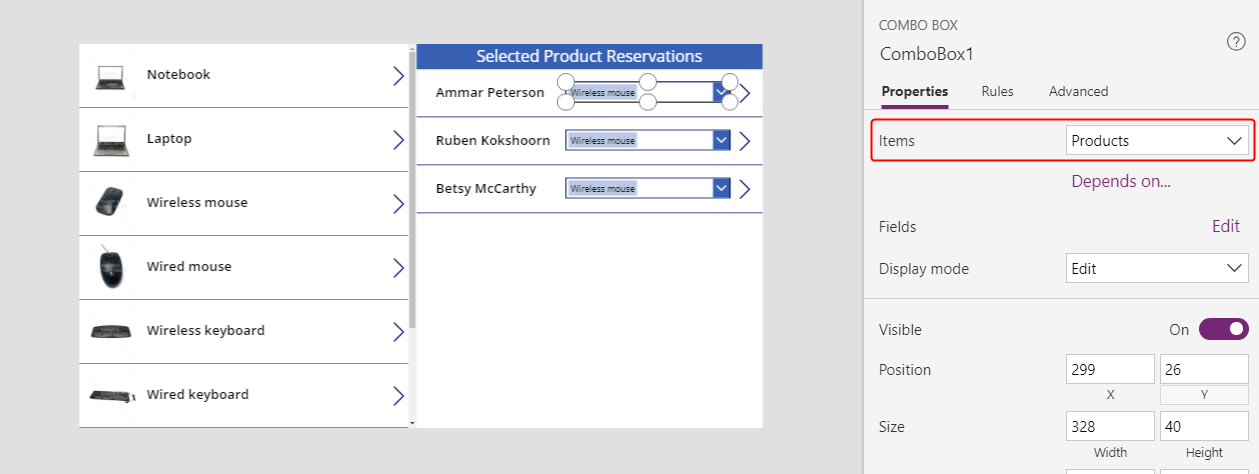 Definir a propriedade Set Items para Produtos.