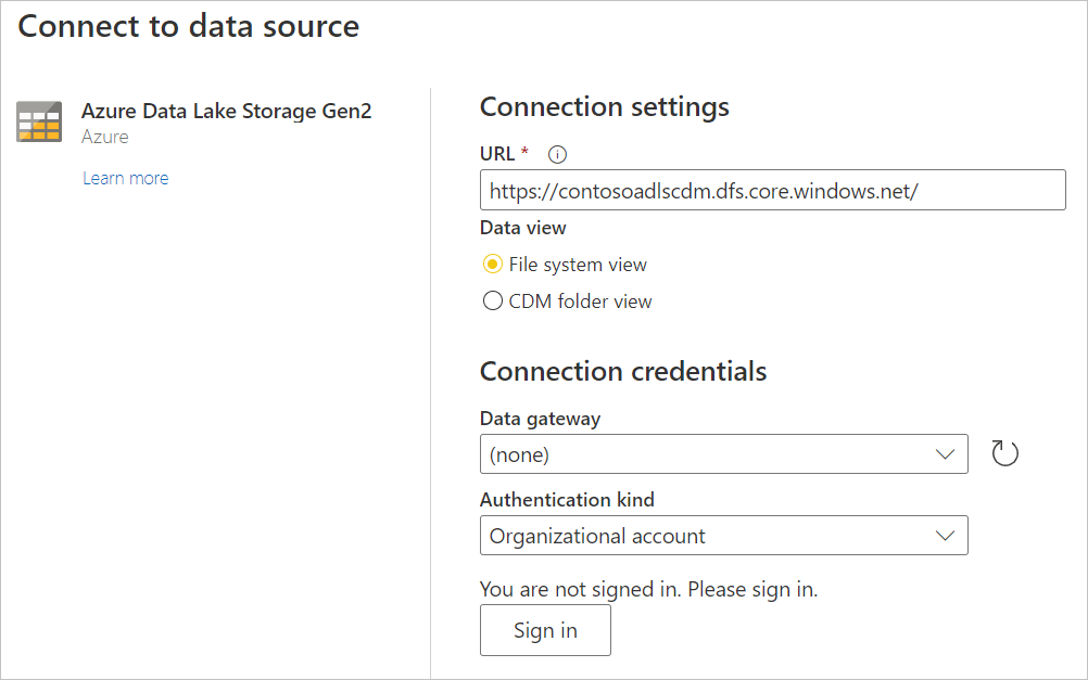 Captura de ecrã da página Ligar à origem de dados do Azure Data Lake Storage Gen2, com o URL introduzido.