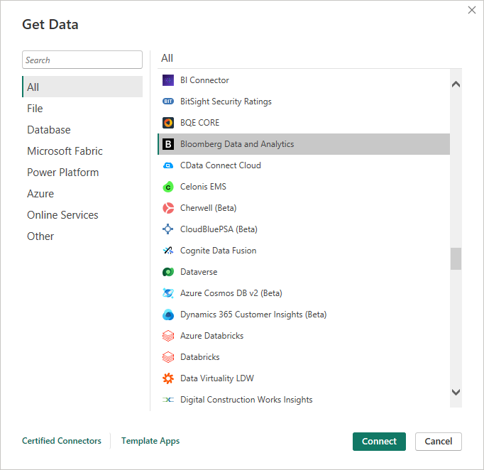 Captura de ecrã que mostra obter dados da Bloomberg Data and Analytics.