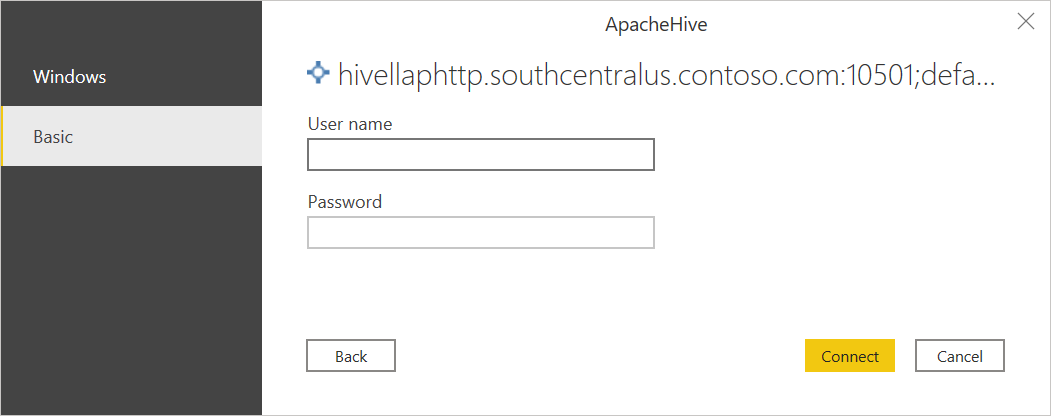 Imagem da tela de autenticação básica para a conexão Apache Hive LLAP, com entradas de nome de usuário e senha