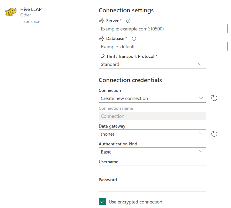 Captura de tela da página Conectar à fonte de dados com todas as seleções ainda não preenchidas.