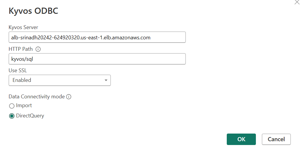 Captura de tela do DirectQuery, mostrando a seleção do Kyvos ODBC Connector.