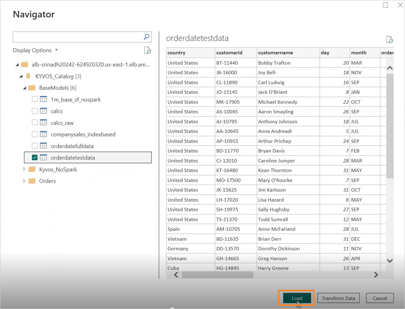 Captura de tela da Carga, mostrando a seleção do Kyvos ODBC Connector.