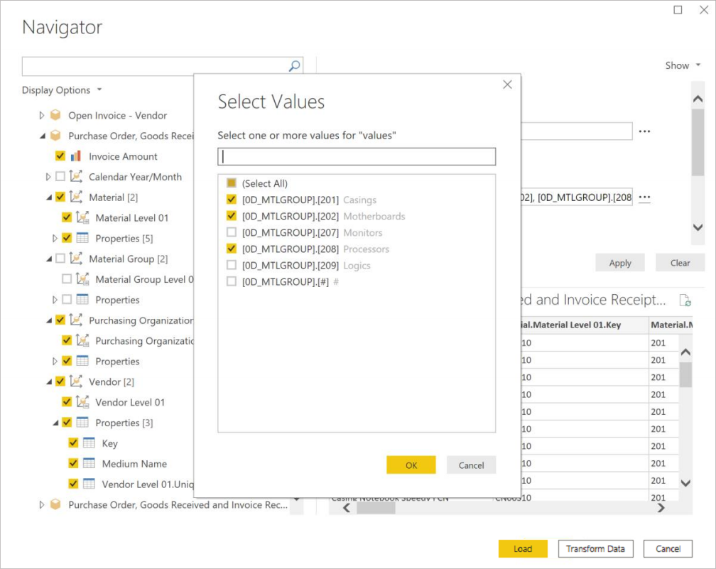 Selecione o menu de valores mostrando os grupos de materiais que podem ser selecionados.