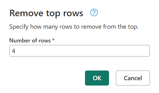 Captura de ecrã da caixa de diálogo Remover linhas superiores com quatro linhas a remover.