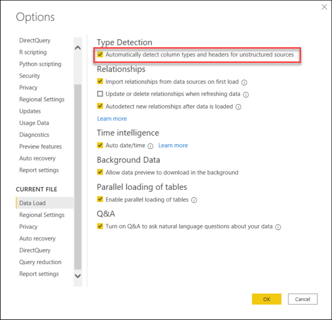 Opção de deteção automática de tipo de dados no Power Query para Ambiente de Trabalho.