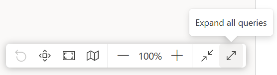 Captura de ecrã a mostrar um botão e uma dica de ferramenta para expandir todas as consultas no canto inferior direito da vista de diagrama.