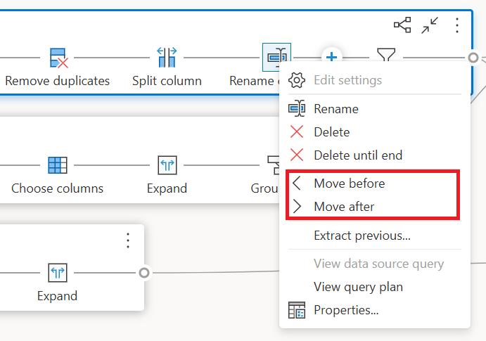 Captura de ecrã das opções Mover antes e Mover depois dentro do menu contextual ao nível do passo depois de clicar com o botão direito do rato num passo.