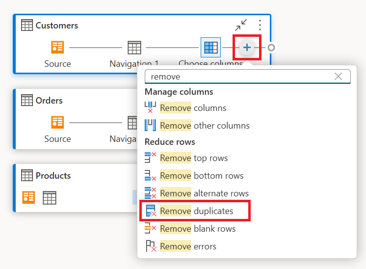 Captura de ecrã a mostrar um exemplo de utilização do ícone de adição numa consulta para adicionar um novo passo na consulta.