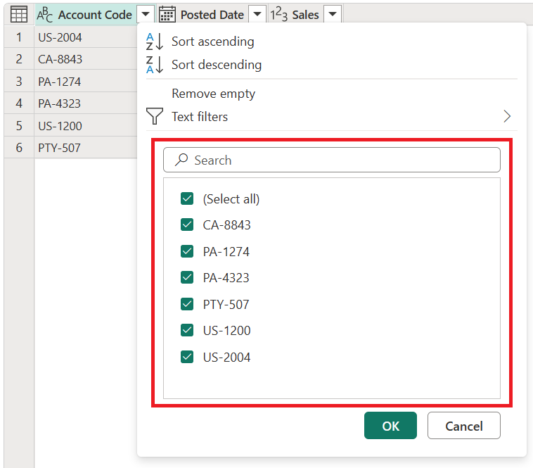 Captura de tela do menu de classificação e filtro com a seção Lista de filtros automáticos enfatizada.