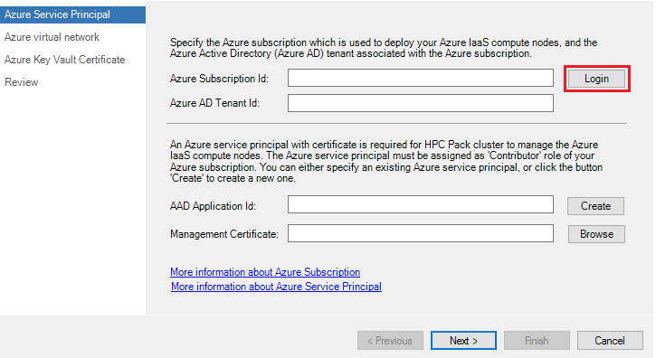 Captura de tela mostra a página Entidade de Serviço do Azure em que você pode inserir IDs de assinatura e locatário com o botão Logon realçado.