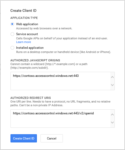 tela Criar ID do cliente do Google Developer Console